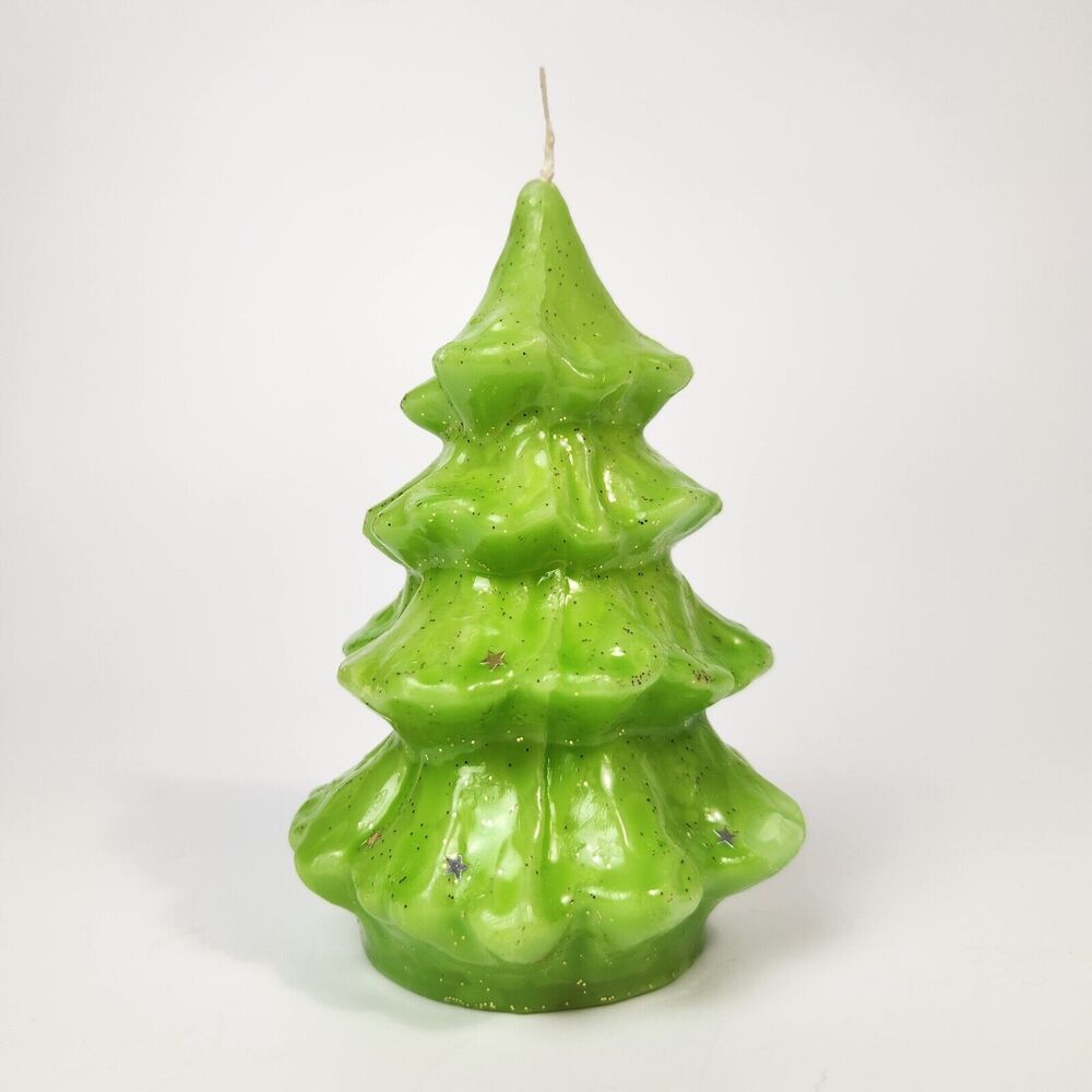Vintage Christmas Tree Candle Green Gold Sparkles Star Decor Holiday Decorations